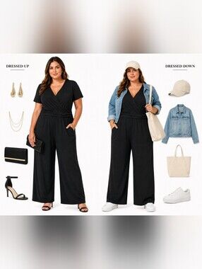 Nwt Curvzy Black Ribbed Surplice Wide-Leg Jumpsuit Plus Size 5XL Wrap Front